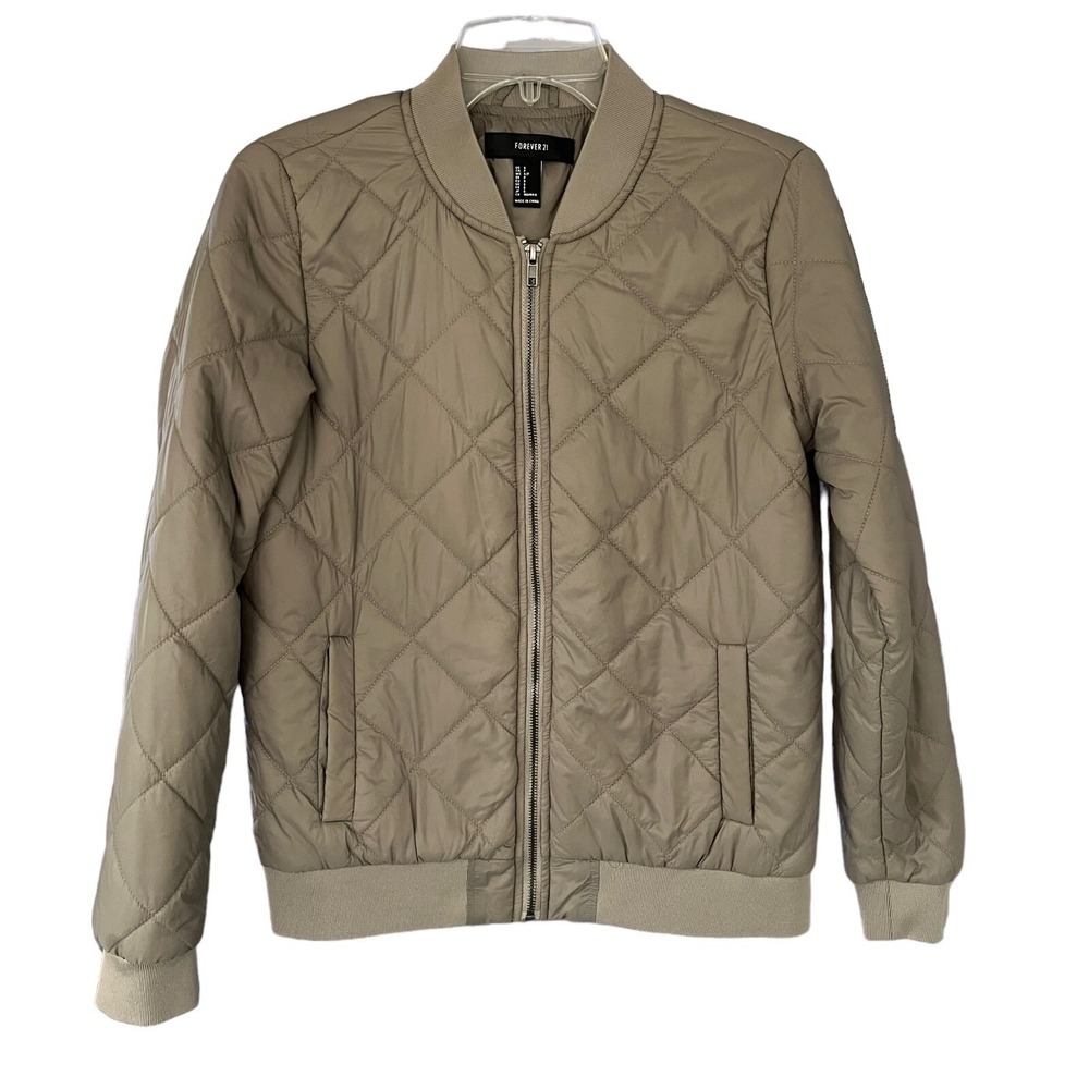 Forever 21 Womens S Taupe Brown Full Zip Padded Quilted Bomber Jacket Streetwear